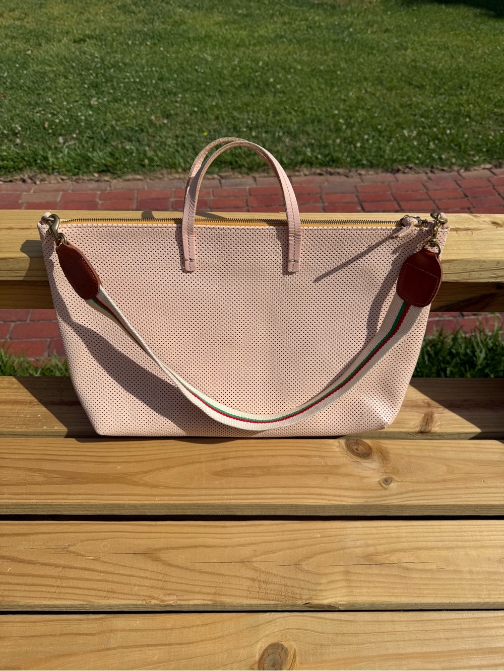 Clare V Blush Pink Perforated Tote with Striped Shoulder Strap